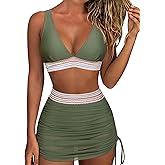 RXRXCOCO Mesh High Waisted Bikini Sets for Women Tummy Control Bathing Suits Color Block Two Piece Swimsuits with Skirt