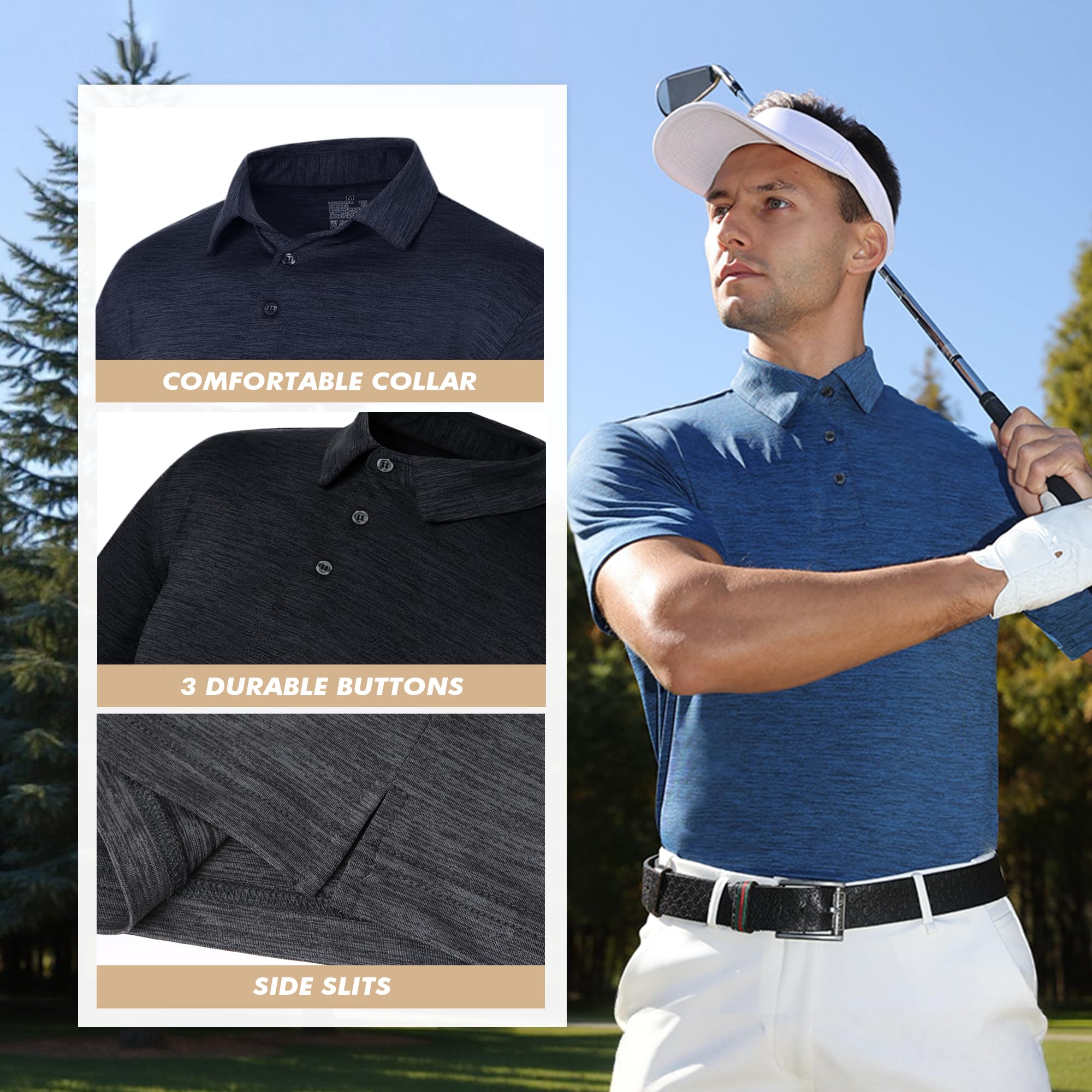 BOOJO 5 Pack Polo Shirts for Men - Quick Dry Moisture Wicking Performance Short Sleeve Mens Golf Shirts for Work Athletic
