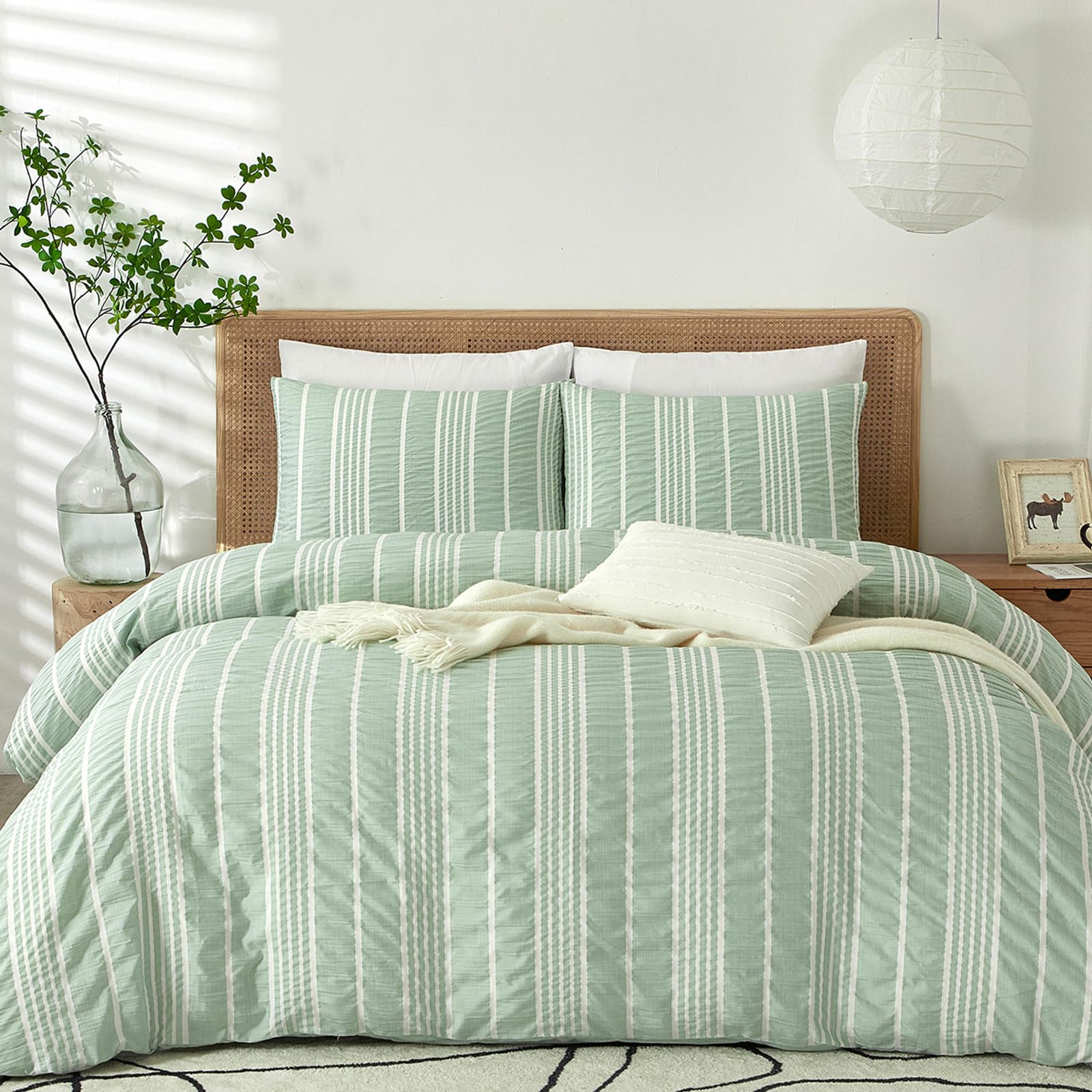 Powdion Sage Green Seersucker Duvet Cover King 3 Pieces Textured Duvet Cover Set with Button Closure & Corner Ties, 100% Soft Breathable King Bedding Set for All Seasons(1 Duvet Cover+2 Pillowcases)