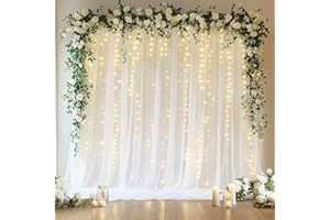 Fomcet White Tulle Backdrop Curtains 10FT X 10FT Tulle Curtain with Lights String Sheer Backdrop Curtains for Parties Wedding