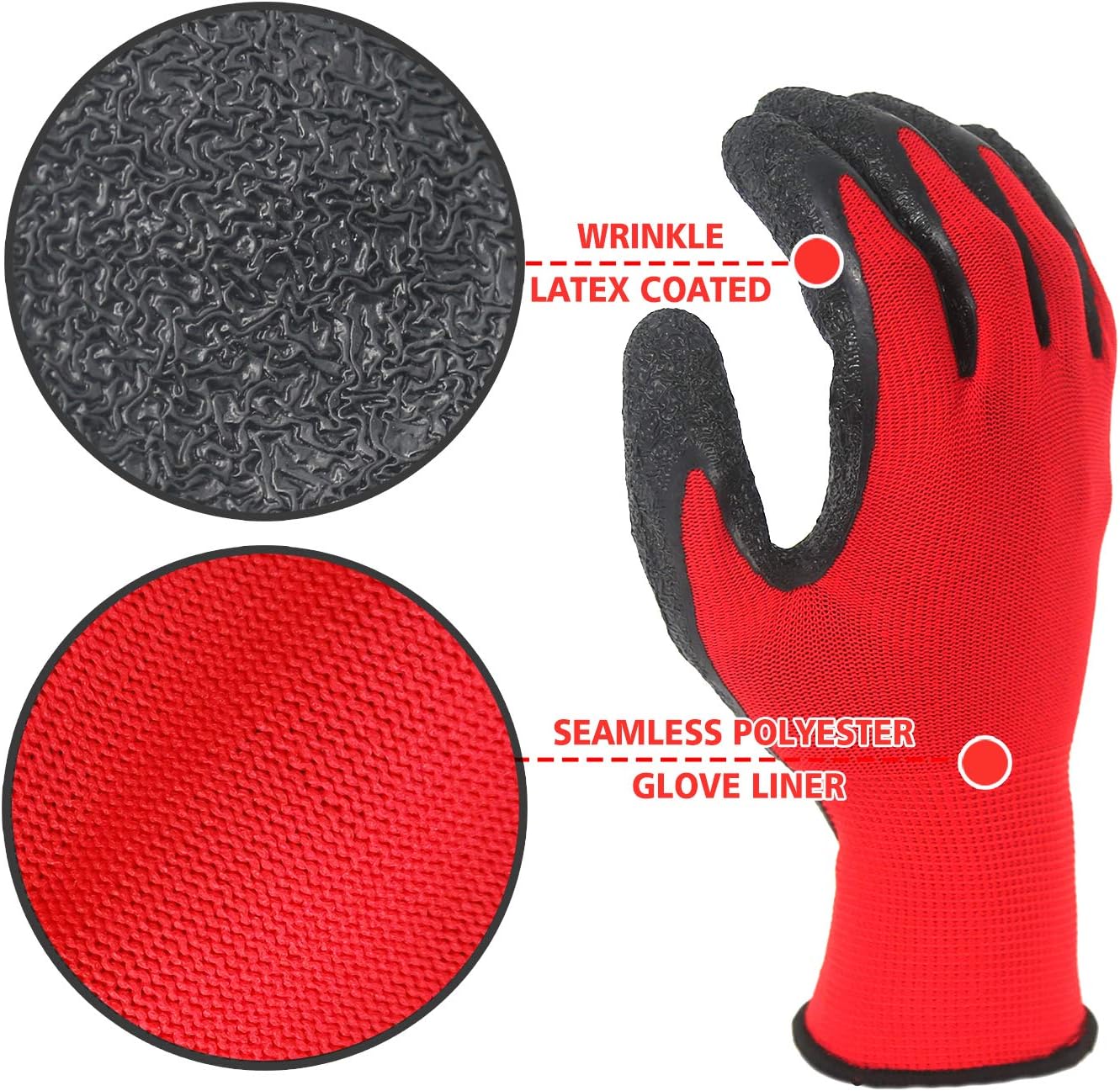 EvridWear Crinkle Latex Rubber Hand Coated Safety Work Gloves for Men Women General Multi Use Construction Warehouse Gardening Assembly Landscaping (L-Size) 12 Pairs Pack - - 