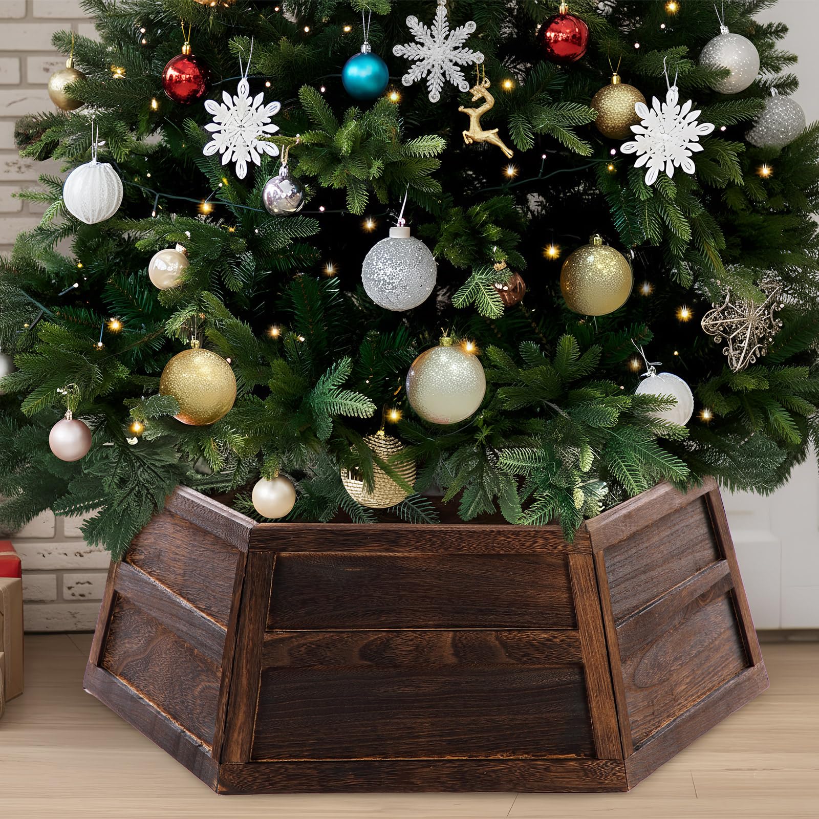 Photo 1 of CroBlissful Hexagon Wooden Christmas Tree Collar Box 6 Panels 30'' Christmas Tree Base Cover Decor Vintage Rustic Farmhouse Trees Skirt for Xmas Holiday(Brown)