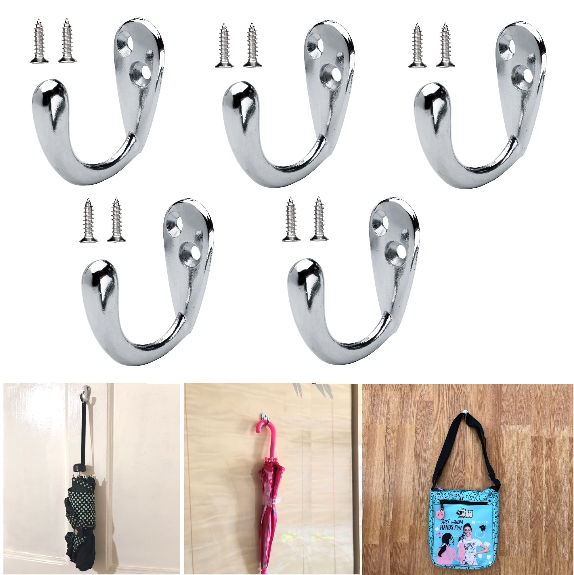TERF® Polished Chrome Single Wall Mounted & Door Hat Coat Robe Hooks for Bathroom Bedroom Kitchen Office Door Hooks with Fixing Screw - Pack of 5