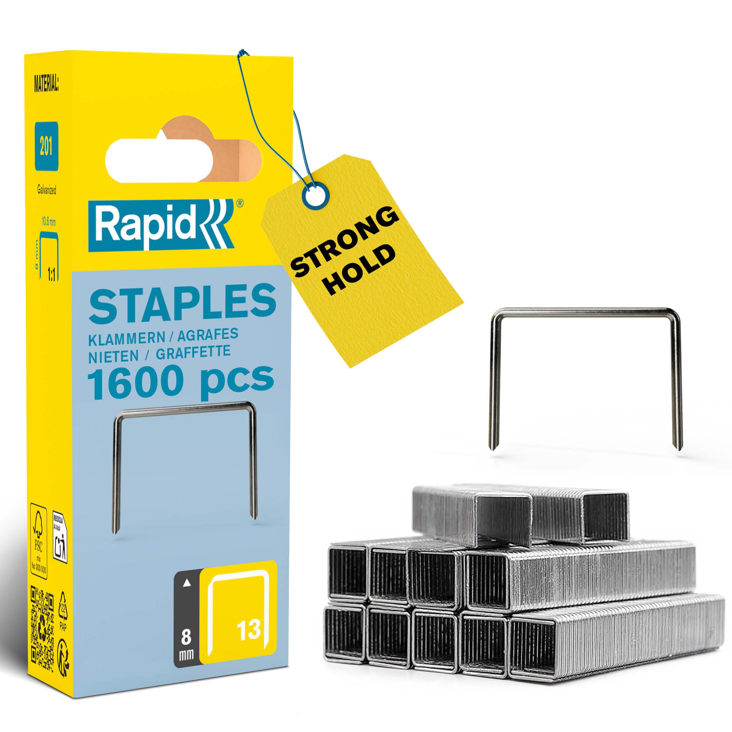 Rapid High-Performance Staples for Textiles, Finewire No. 13, Leg Length 8mm, Staple Gun Staples, Galvanised Steel, 1600 Pieces, Narrow Blister (40109520), grey