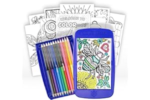 Colorpockit Coloring Kit Travel Art Set with Colored Pencils, 4x6 Coloring Cards, Built in Sharpener, Mess Free Trip Activities for Airplanes or Car, 8.5 x 5, 28 Pieces