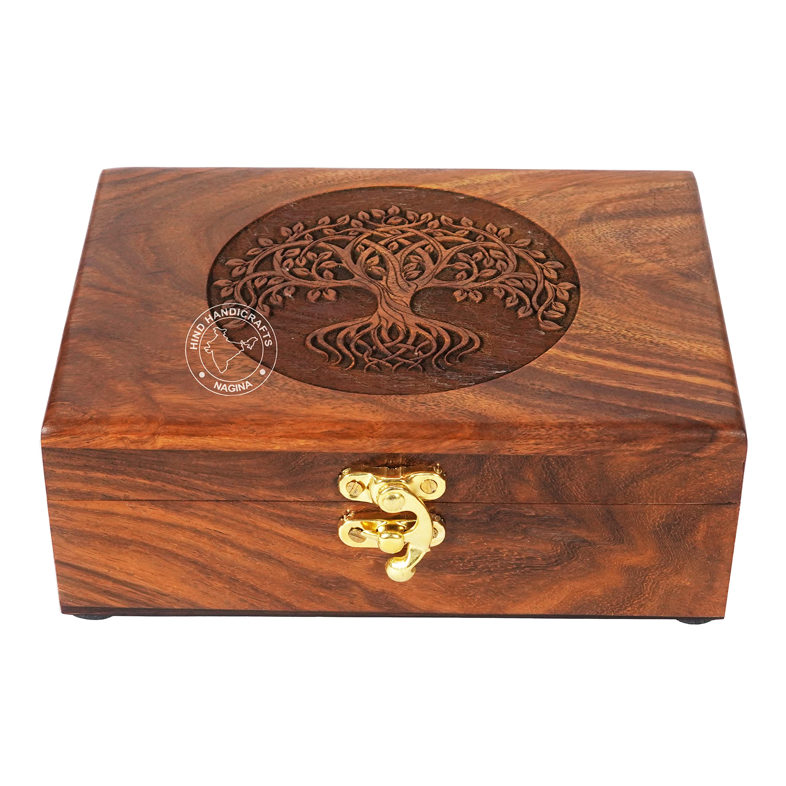 Hind Handicrafts Rosewood Handmade Wooden Urn Tree of Life Engraving Handcarved Jewellery Box for Women-Men Jewel | Home Decor Accents Decorative Boxes Storage & Organiser (7'' x 5'' 2.5'', 12)