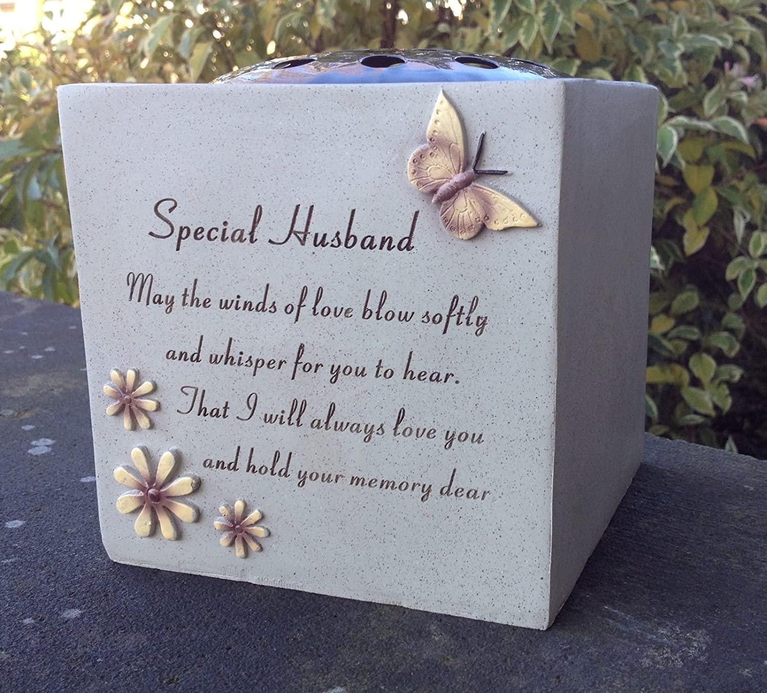 OnlineStreet Grave Vase Rose Bowl with Butterfly and Flowers - Memorial Flower Holders Ornament, Engraved with a Funeral Verse, Weatherproof-Grave Decoration Ornament 14 x 15 cm (Husband) (13974)