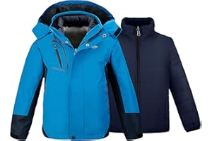 Wantdo Boy's 3 in 1 Waterproof Ski Jacket Warm Winter Snow Coat Fleece Jacket Rain Coat