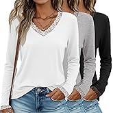 Oakgarden 3 Pack Long Sleeve Shirts for Women V Neck Lace Trim Loose Dressy Business Casual Top Blouse Fall Trendy Basic Tee