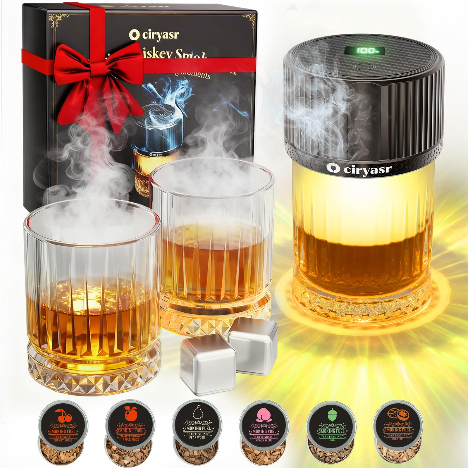 Photo 1 of Electric Whiskey Smoker Gift Kit with 2 Glasses & Reusable Ice Cubes, Rechargeable Cocktail Smoker Kit with 6 Wood Chips, Old Fashioned Whiskey Accessories, Bourbon Gifts for Men, Dad, Husband