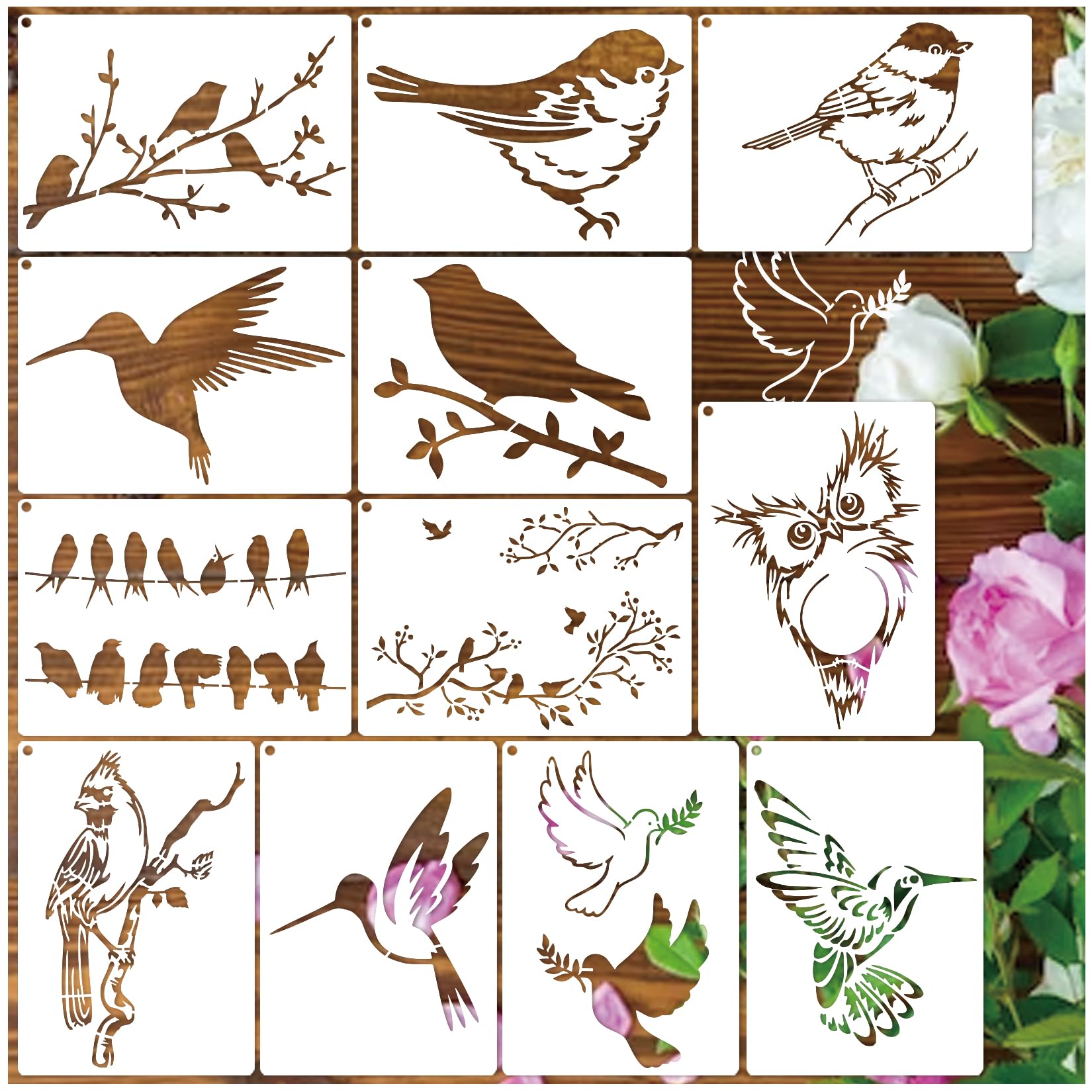 Birds Stencils for Painting on Wood Crafts - Reusable Hummingbird on Tree Branch & Owl Paint Stencil for Card Making, Wall, Fabric, Shirt, Furniture(12 Bird A6)