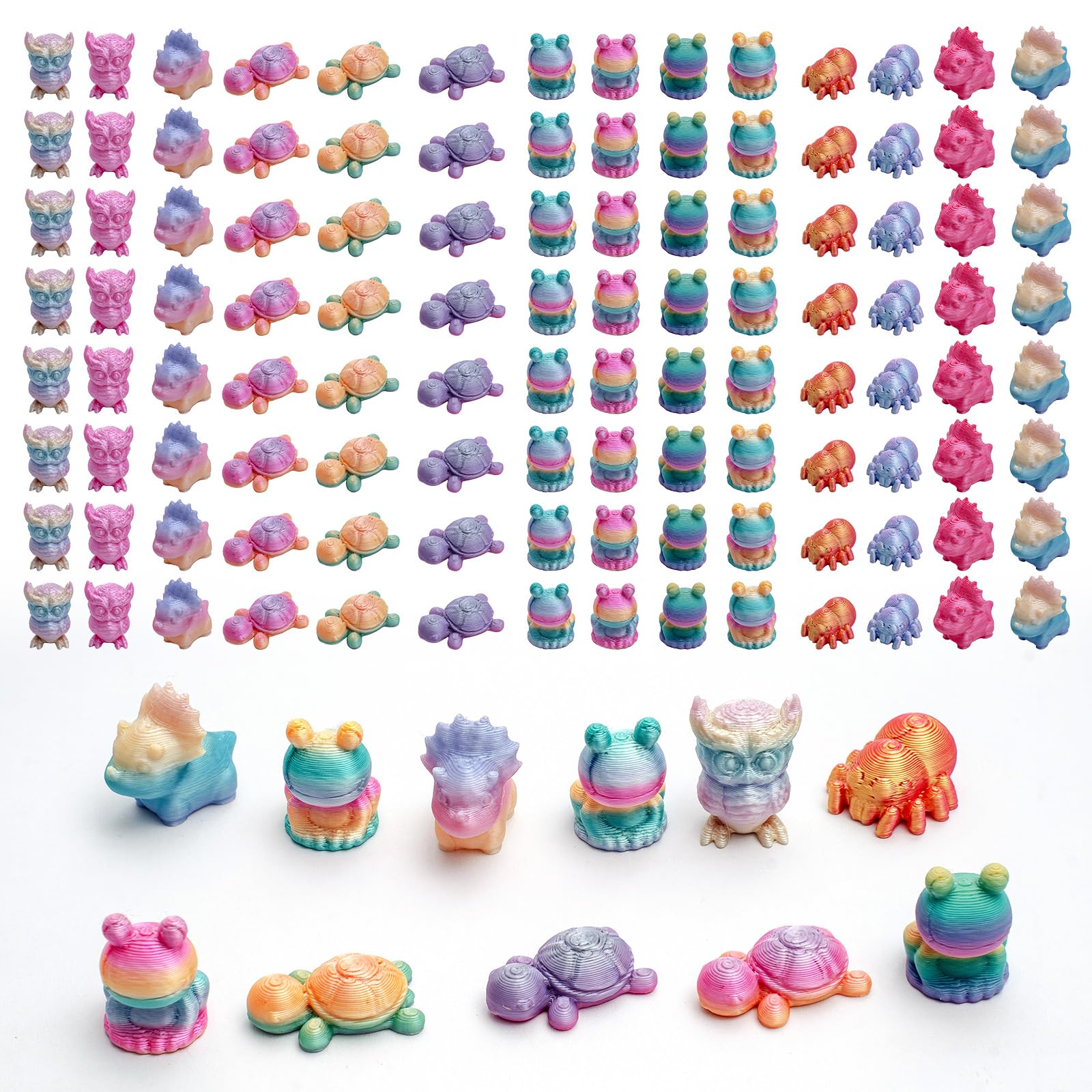 Photo 1 of pkaoakyo 150Pcs 3D Printed Miniature Animals - Owl, Frog, Rhinoceros, Spider, Turtle - 2cm Figurines with Gradient Colors, Safe & Eco-Friendly Material for Home, Car, and Office Deco
