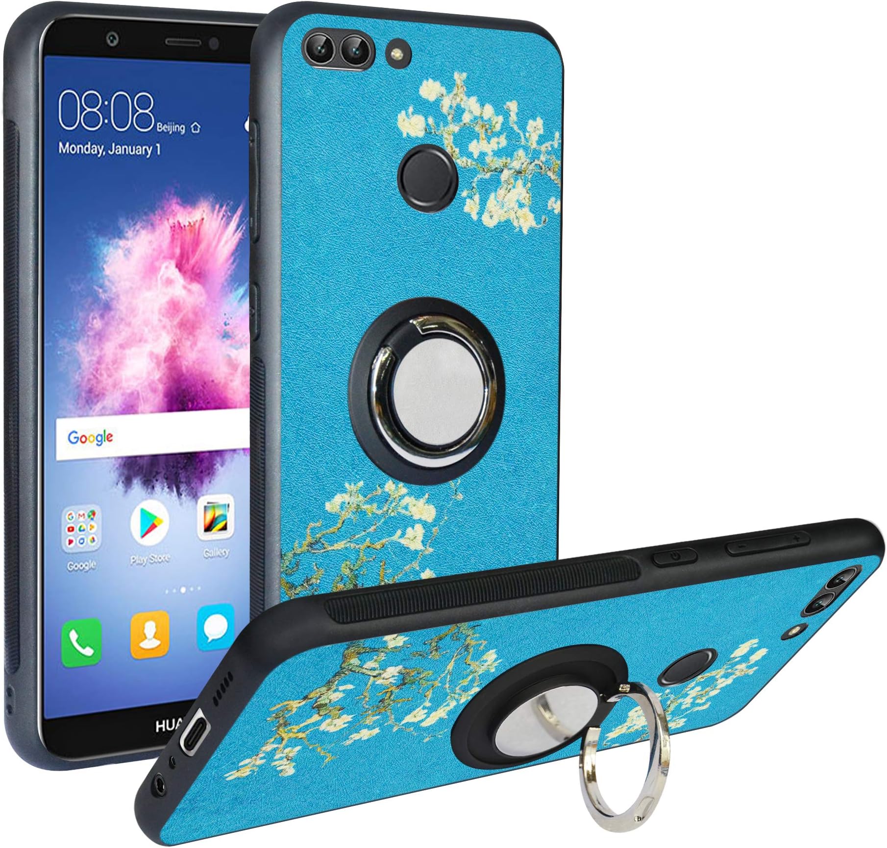 Alapmk Case for Huawei P Smart 2018 / Huawei Enjoy 7S, [Pattern Design] with Kickstand Fit Magnetic Car Mount, Shockproof TPU Protective Case Cover,Flower