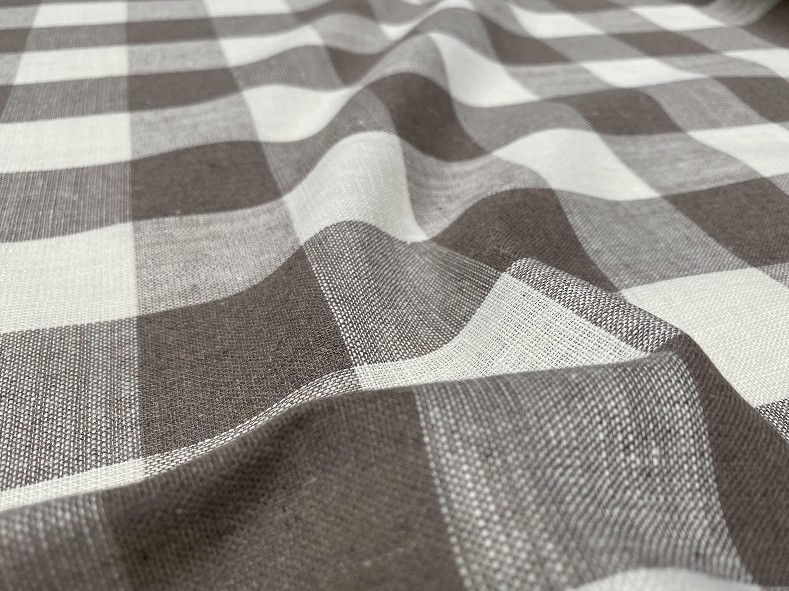 Gingham Linen Checked Fabric Check Material Buffalo Plaid - Dressmaking, Curtains, Home Furnishing - 140cm Wide (Taupe Brown & White, 2 METRES)