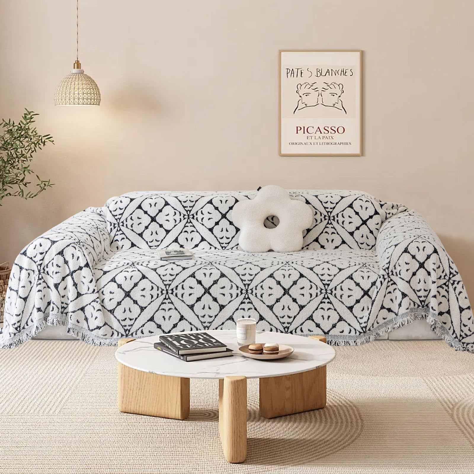 SHANNA Sofa Cover for 3 Seater, Chenille AB Sided Slipcover for Corner Sofa, All-Season Protection Couch Cover for Dogs, Couch Protector Loveseat Covers Futon Cover L Shaped Sofa Cover with Tassel