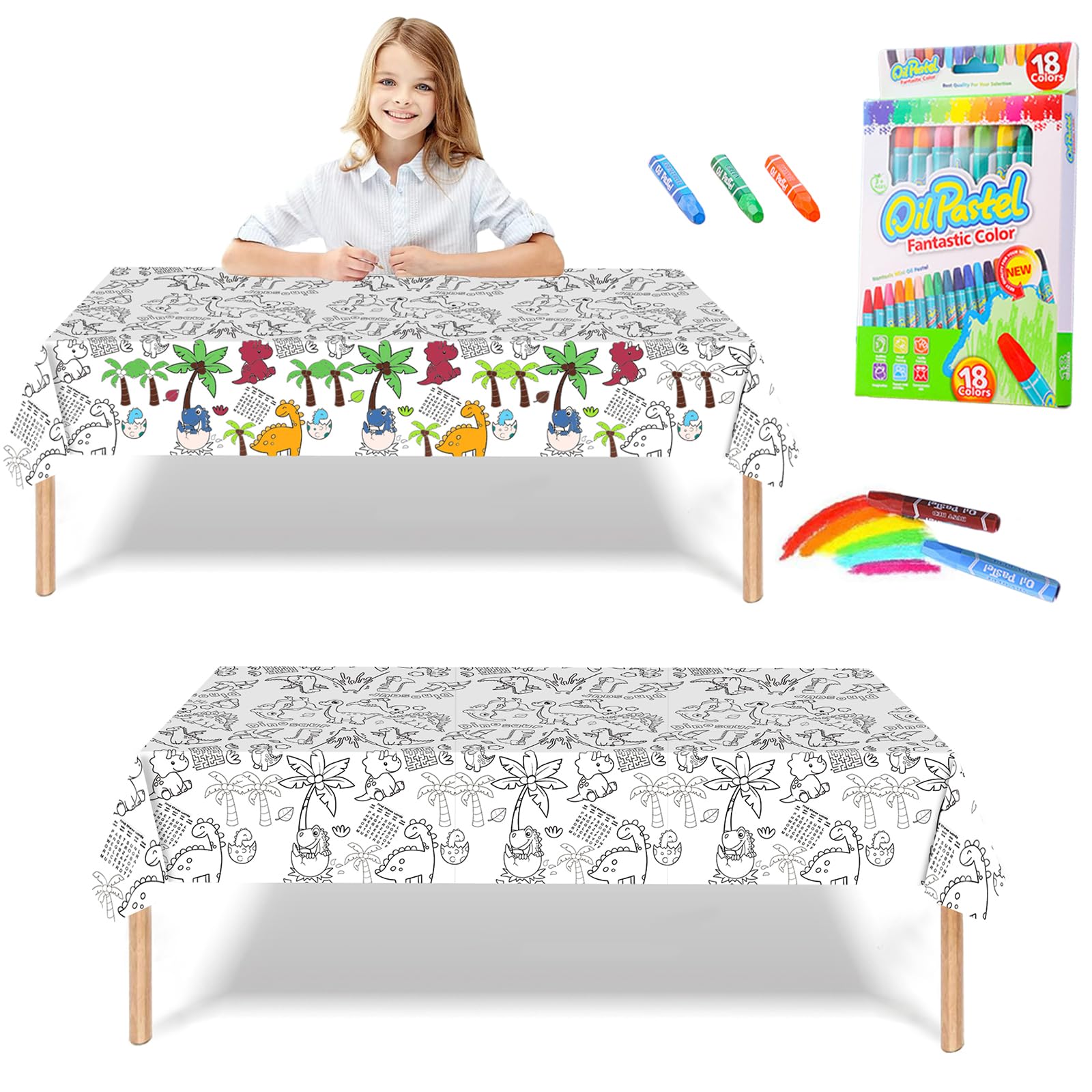 Giant Colouring Poster Table Cloth for Kids,47x71inch Dinosaur Colouring Posters with 18 Paint Pens Coloring Educational Poster Drawing Paper Table Cover Wall Doodle Art for Boys Girls Birthday Gift — image 1