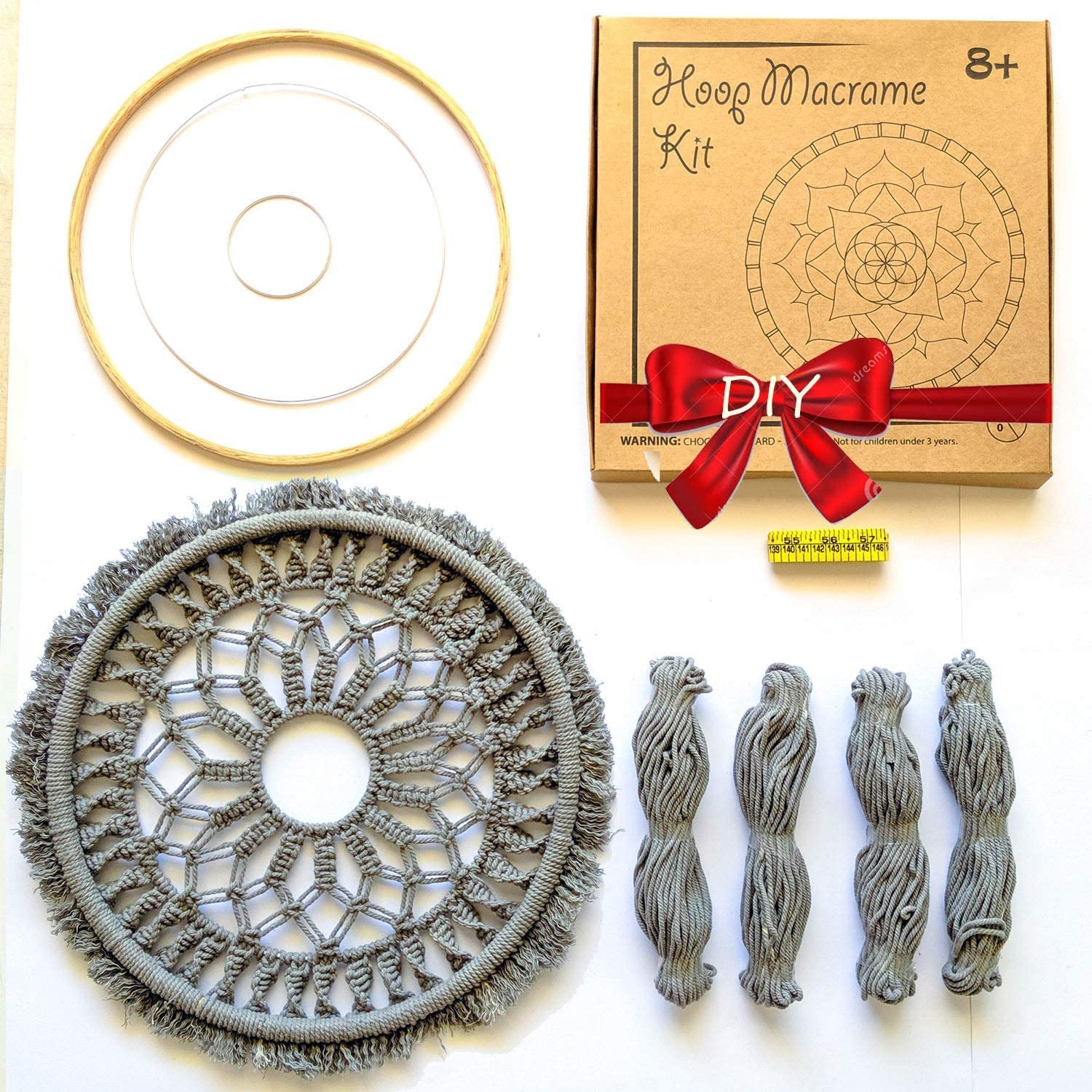 DIY Round Macrame Wall Hanging Kit - Gray 35cm - Make Your Own Mandala Hanging with All-Natural Materials - Creative Activity Set Includes Wooden Hoop Metal Rings Rope and scale.