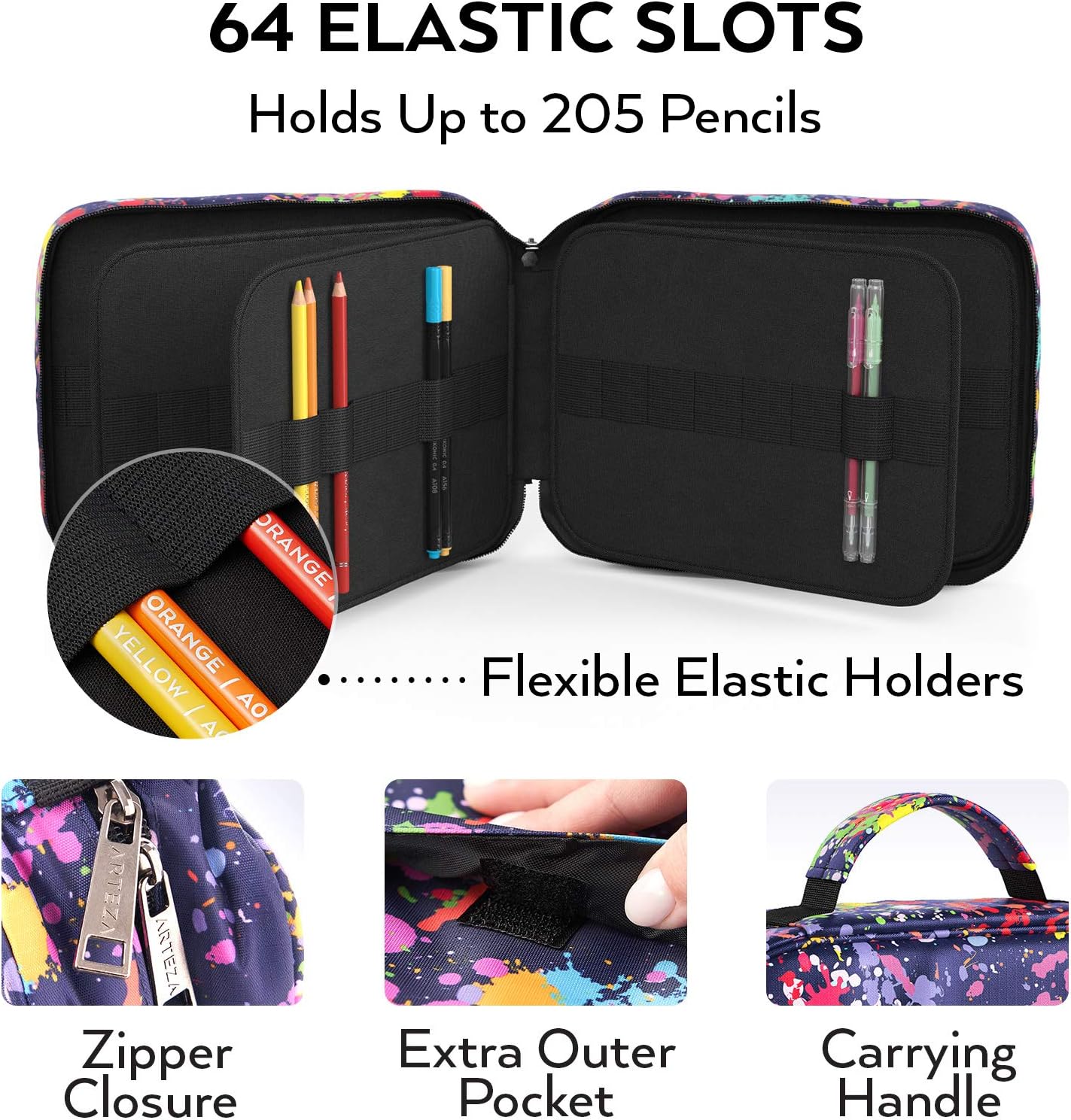 ARTEZA Large Pencil Case, 64 Elastic Slots, Paint Splatter Pattern, for Beginners & Experts, Holds Up to 205 Pencils - Image 4