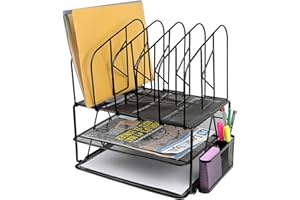Greenco Mesh 2 Tier Desk File Organizer Shelves with 5 File Sorter Sections, Black