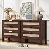 LEYAOYAO 31.5" Wide Rattan Nightstands Set of 2, Large Boho Night Stand | Walnut 3 Drawer Bedside Table with Storage, Tall Bed Side End Tables for Bedroom, Living Room, Hallway
