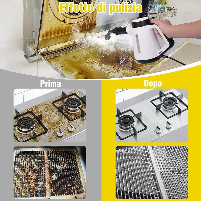 Pulitore a vapore manuale, 400 ml, pulitore a vapore multiuso con 9 accessori, pulitore a vapore senza sostanze chimiche per uso domestico, pulizia di pavimenti, piastrelle, finestre, divani