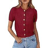 PRETTYGARDEN Womens Casual Summer Short Sleeve Cardigans 2026 Button Down Knitted Sweater Basic Crew Neck Crop Tops