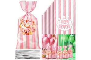 Ninehaoou 200 Pcs Popcorn Bags Bulk Movie Night Pop Corn Plastic Bags for Popcorn Machine Pop Corn Snack Containers with Twist Ties for Carnival Christmas Party Supplies (Pink)