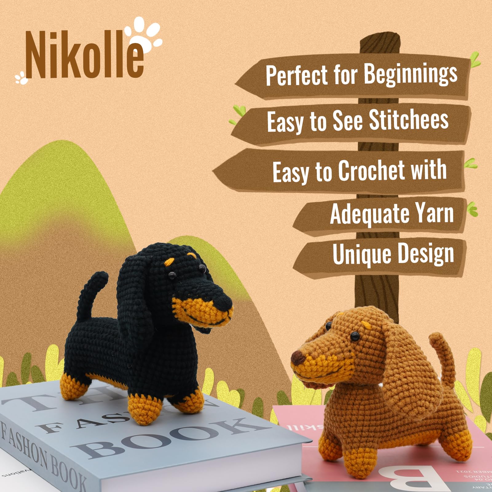 Nikolle Crochet Kit for Beginners with Step-by-Step Video Tutorials Crochet Animal Kit Crochet Starter Kits for Adults Kids - Dachshund(Brown)
