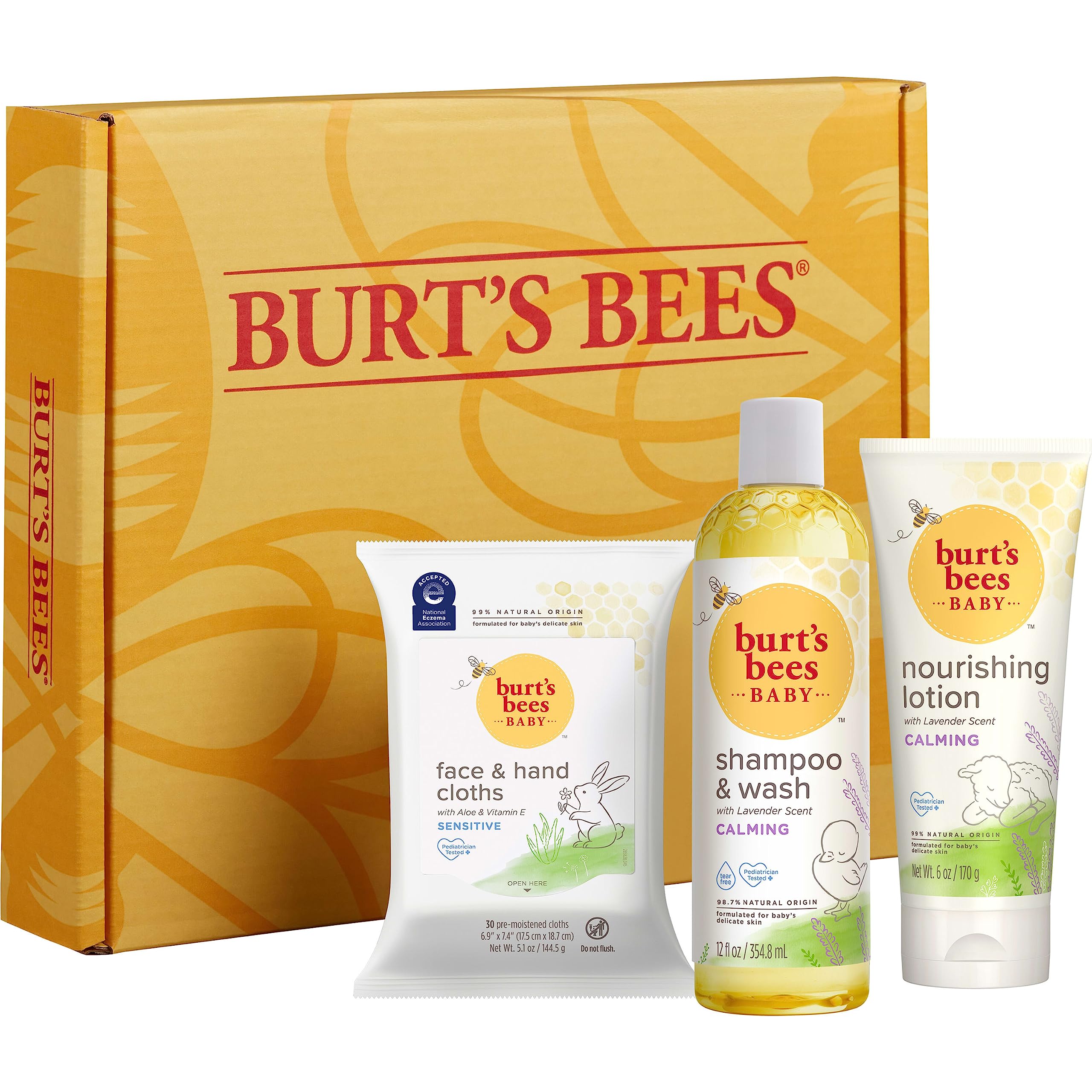 Burt's Bees Baby Gift Set for Baby Showers, Includes Baby Essentials, Shampoo and Wash with Lavender, Body Lotion, Wipes and Cloths, Naturally-Derived Origin Skincare, 3 Count