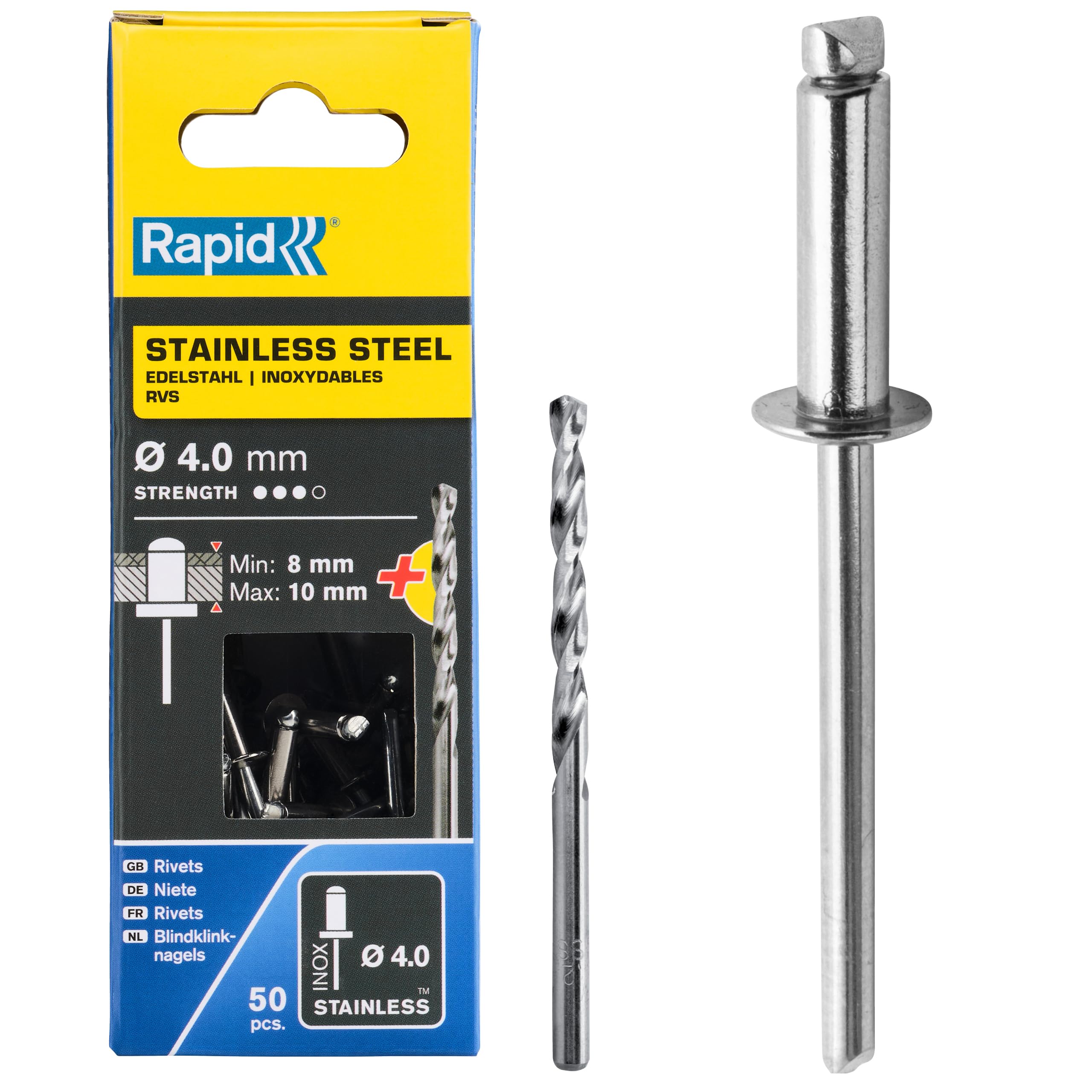 Rapid Rivets Stainless Steel Including Drill Bit, 4 x 14 mm, 5000395 - 50 Pieces