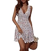 FENSACE Women's Summer Sleeveless Sexy Wrap V Neck Floral Sundress Mini Dress