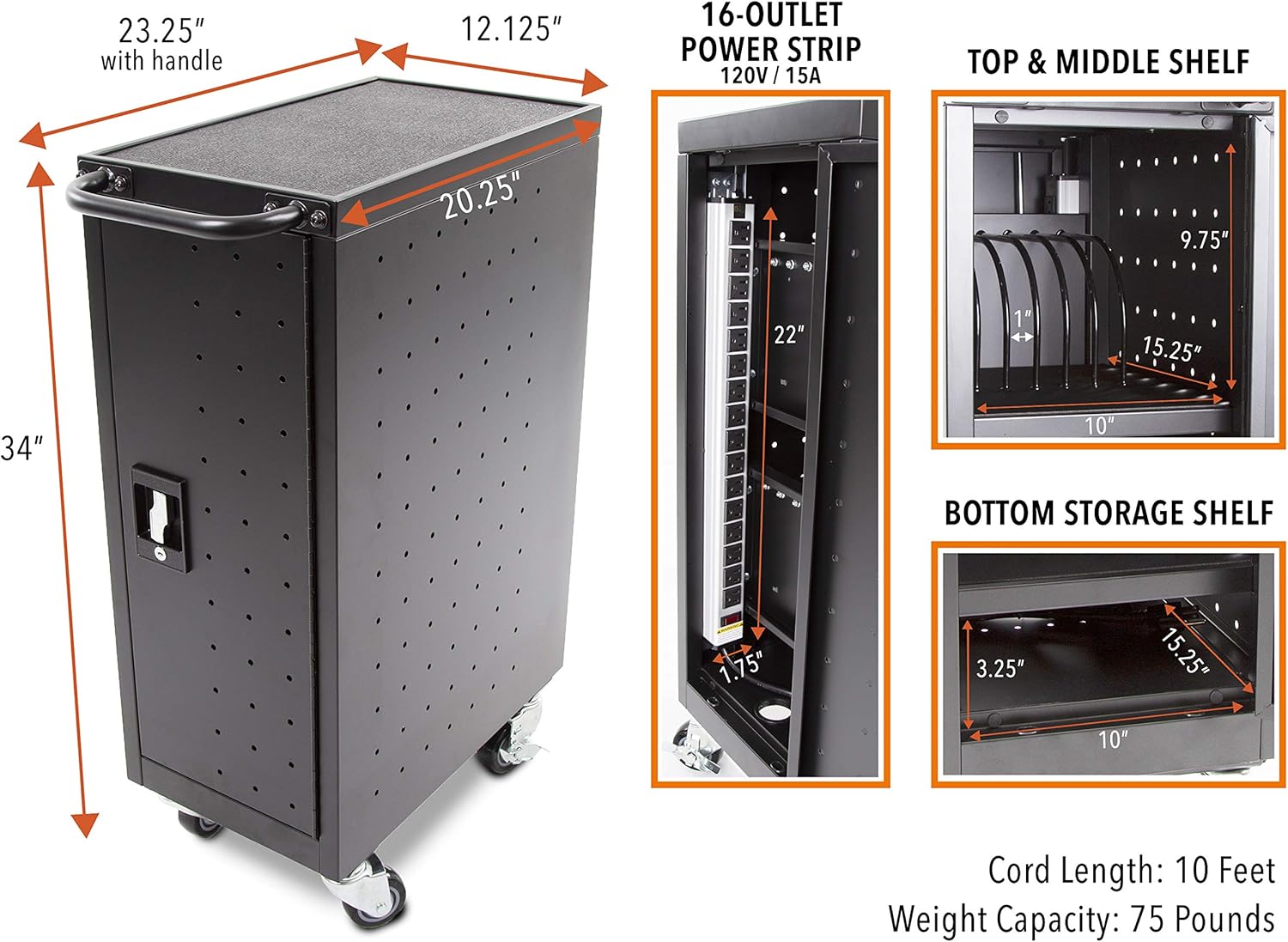 Line Leader Compact Mobile Charging Cart for Chromebooks, Laptops, Tablets and More - Charges and Stores 16 Devices - Includes Power Strip and Locking Cabinet (12.13 in x 23.25 in x 34 in) : Office Products