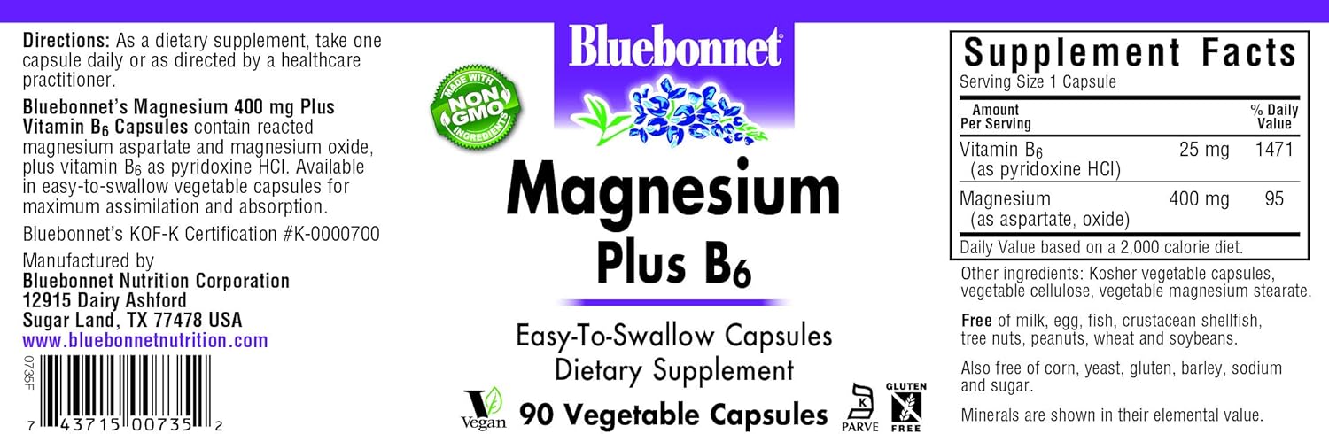 BlueBonnet Magnesium Plus B-6 Vegetarian Capsules, 90 Count: Health & Personal Care