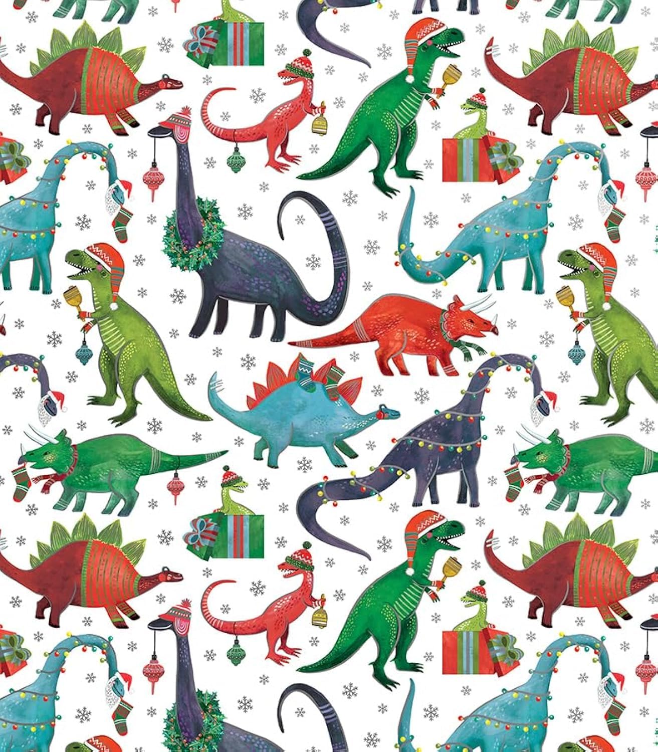 REVEL & Co Christmas Dinosaurs Folded Christmas Wrapping Paper, 2 Feet x 10 Feet Folded Gift Wrap with T-Rex, Parasaurolophus, Triceratops, Stegosaurs and Brachiosaurus