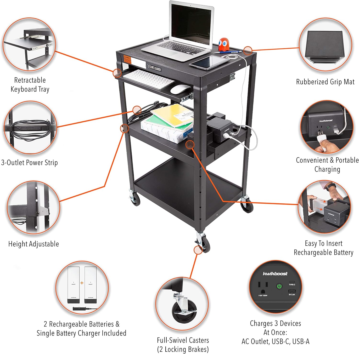 Line Leader AV Cart with EdgePower Portable Battery Charging | Height Adjustable Utility Cart with Clamp On Charging Solution | Includes Pullout Keyboard Tray & Cord Management (24 x 18) : Office Products