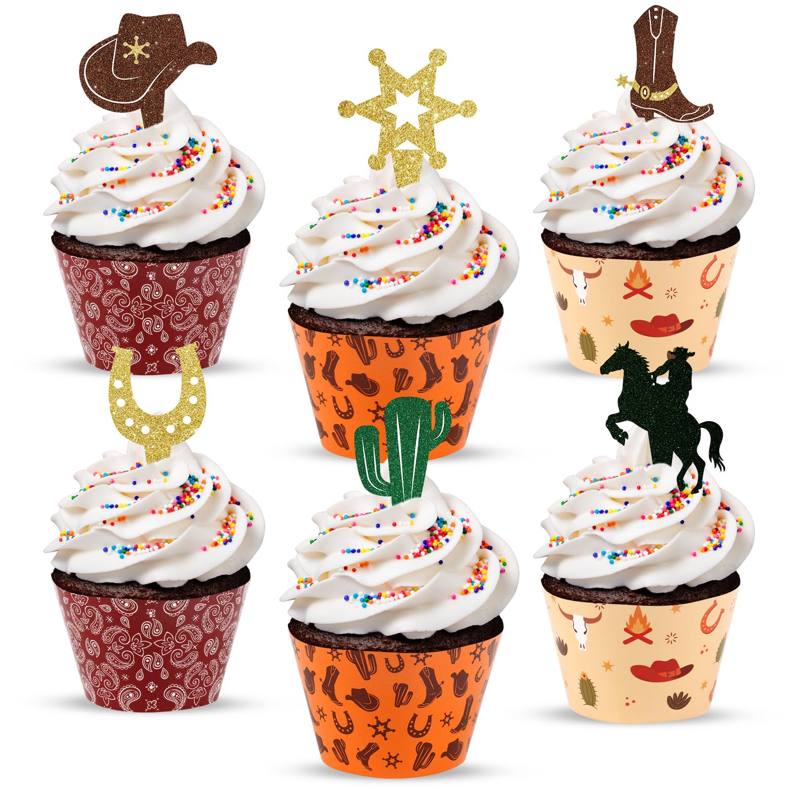 Photo 1 of Hooqict 48 Pack Western Cupcake Toppers and Liners Cowboy Birthday Cake Topper Decorations Glitter Cupcake Picks for Kids Boys Wild West Country Themed Birthday Party Decorations Supplies