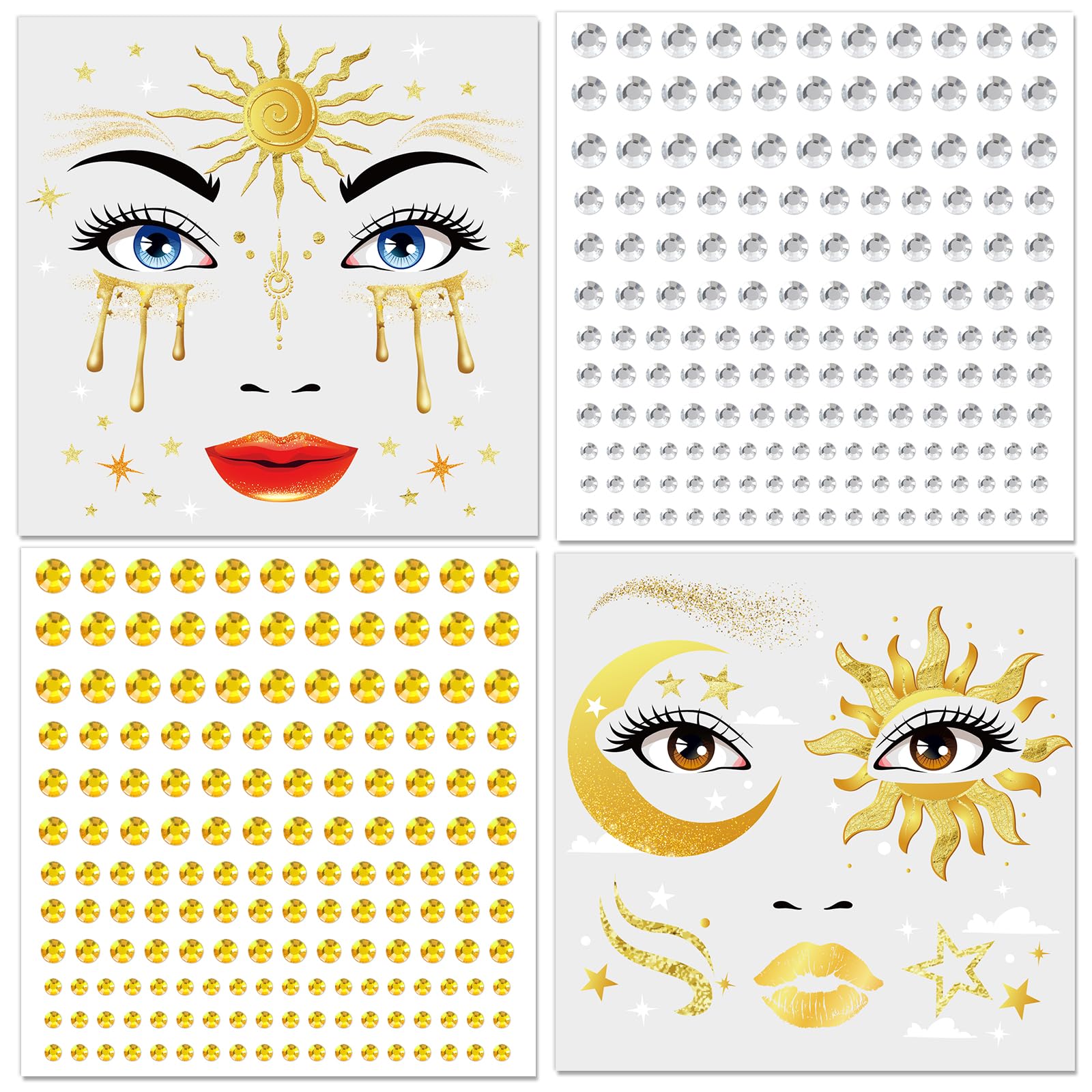 DPKOW Halo Sun Moon Goddess Temporary Tattoos with Face Gems Halloween Face Stickers Greek Goddess Fake Tattoos Accessories Makeup Halloween Carnival Cosplay Favours Adult Kids Women Rome Accessories