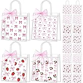 Kolldenn 48 Pcs Pink Bow Strawberry Cherry Gift Bags with Handle Ribbon Reusable Clear PVC Coquette Fruit Goodies Treats Totes Bulk for Christmas Birthday Baby Shower, 5.9 x 6.3 x 2.8 Inch