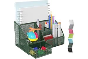 Banshou Desk Organizer Office Accessories,Mesh Desk Office Organizer with Drawer and 6 Compartments 8.74x5.51x5.12 inch,For Office,Home,School,Classroom,kitchen(Dark Green)