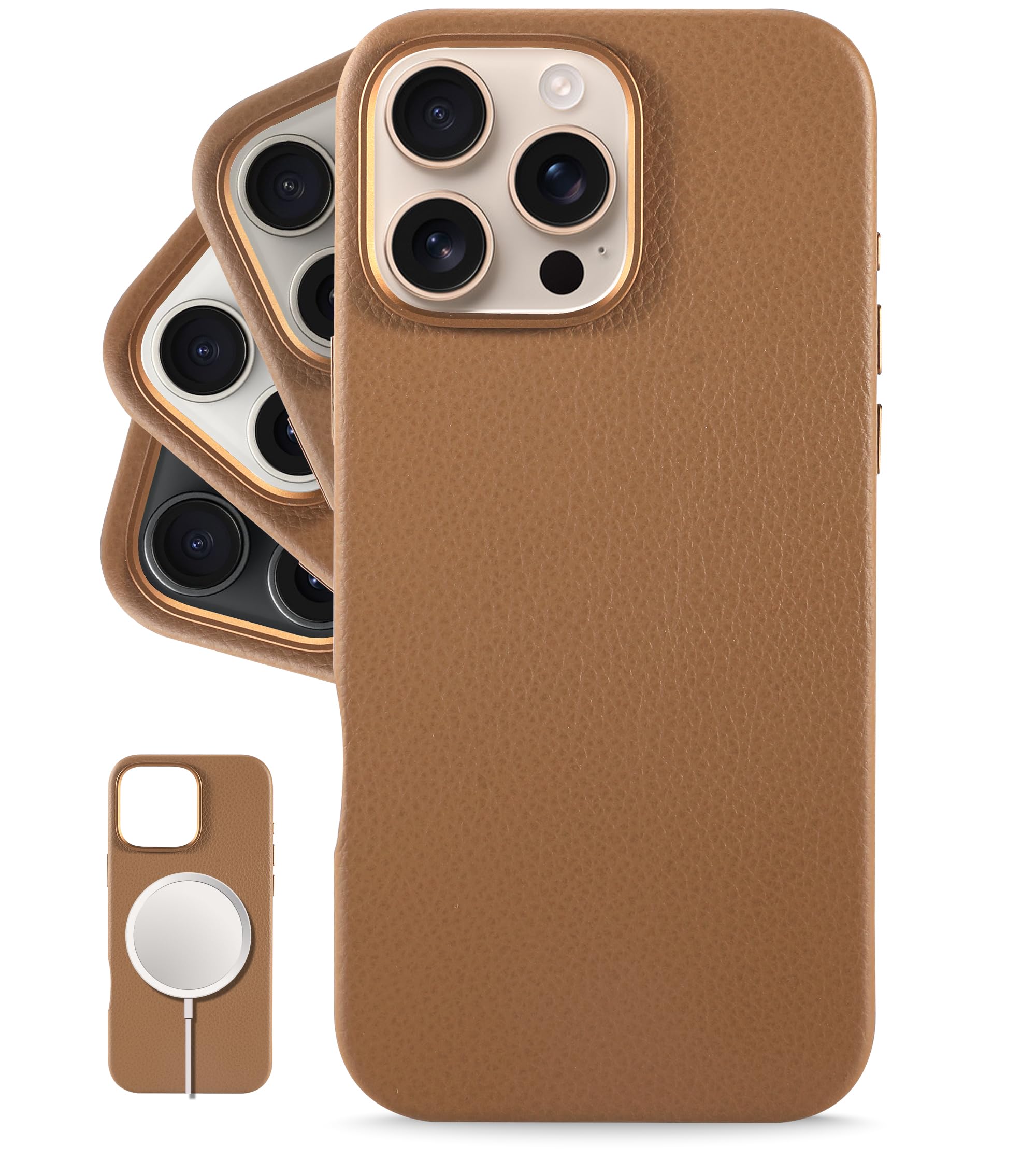 LONLI Urban - for iPhone 16 Pro Max - European Genuine Pebble Leather Phone Case - European Elegance, Modern Design - [Compatible with Magsafe] - Saddle