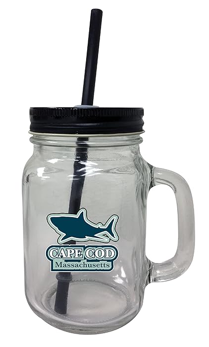 Cape Cod Massachusetts National Seashore Shark Nautical Beach Souvenir 16 oz Mason Jar Glass Tumbler