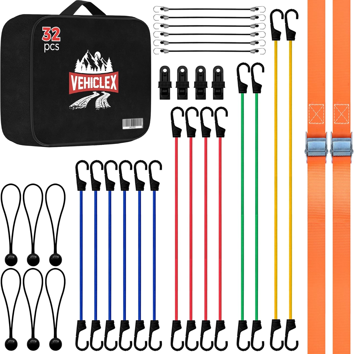 Vehiclex Bungee Cords & Cam Buckle Straps, 32 PCS Tie-Downs Assortment – Multiple Sizes and Uses – Mini Cords & Bungee Balls, Tarp Clips & A Handy Carrying Bag: Automotive