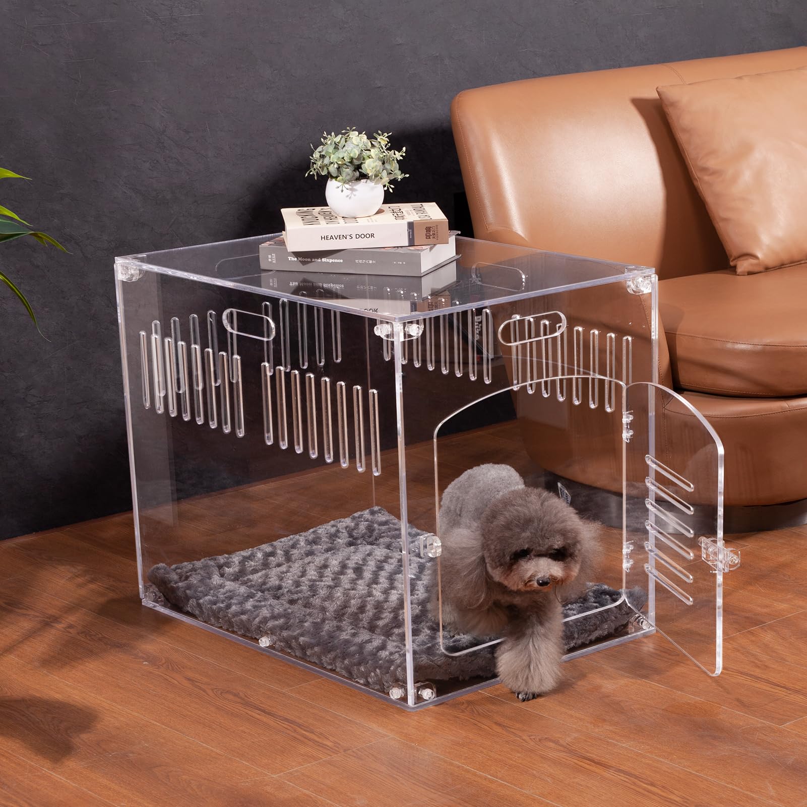 View of Feoyoho Modern Clear Acrylic Dog Crate Furniture with Cushion, Secure ...