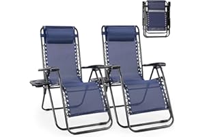 Smug Zero Gravity Chair Set of 2, Outdoor Lounge Chairs, Portable Folding Reclining Camping Chair with Adjustable Pillow & Cup Holder Trays for Patio Garden Lawn Beach - Blue