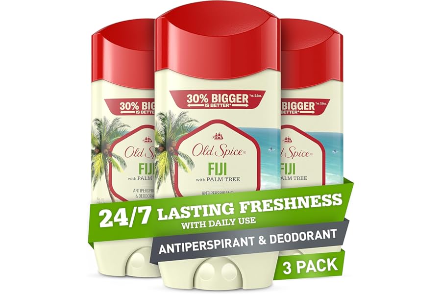 Old Spice Men’s Antiperspirant & Deodorant, 24/7 Lasting Freshness, Advanced Sweat & Odor Protection with Skin Conditioners, Invisible Solid, Fiji with Palm Tree Scent, 3.4 oz (Pack of 3)