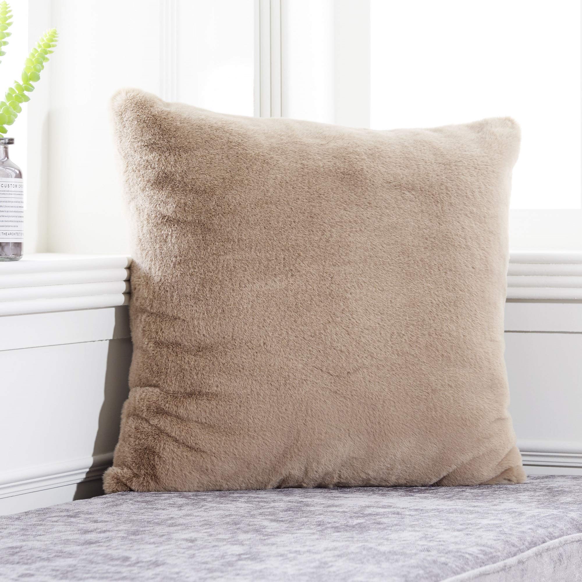 Foindtower Soft Rabbit Fur Square Decorative Throw Pillow Cover Cushion Case Warm New Luxury Series for Livingroom Couch Sofa Nursery Bed Kids Room Home Decor 18x18 Inch (45x45cm) Taupe