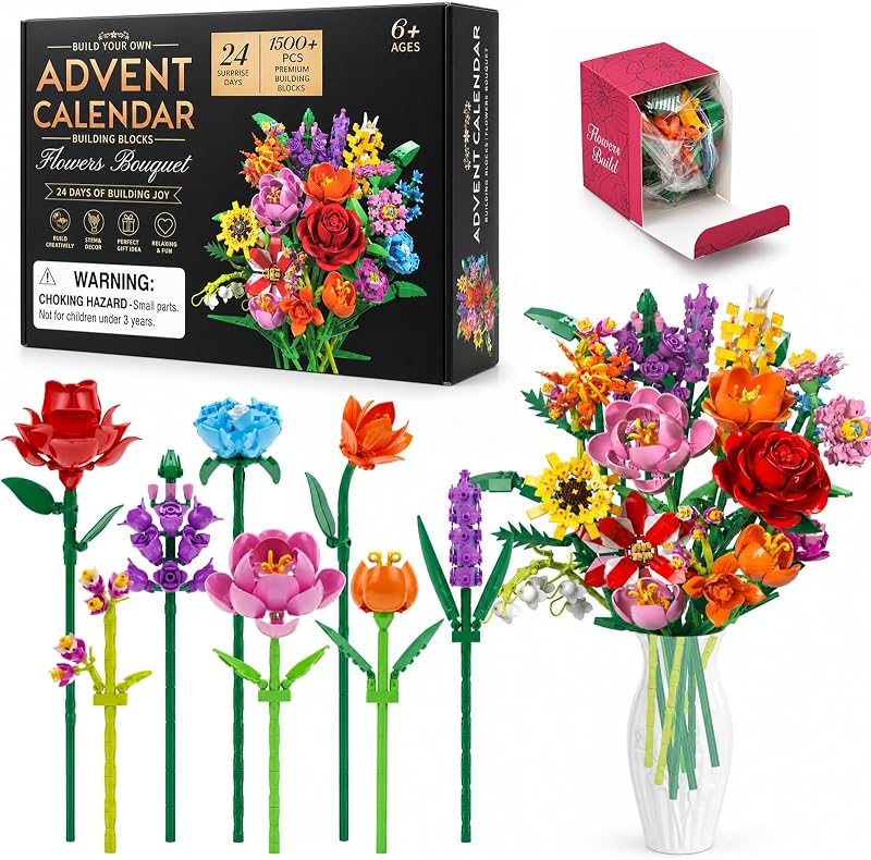 Calendrier de l'Avent 2026 avec bouquet de fleurs, compte à rebours de Noël de 24 jours, 24 boîtes de 1 500 pièces + blocs de construction, roses et tulipes colorées, décoration d'intérieur, cadeaux