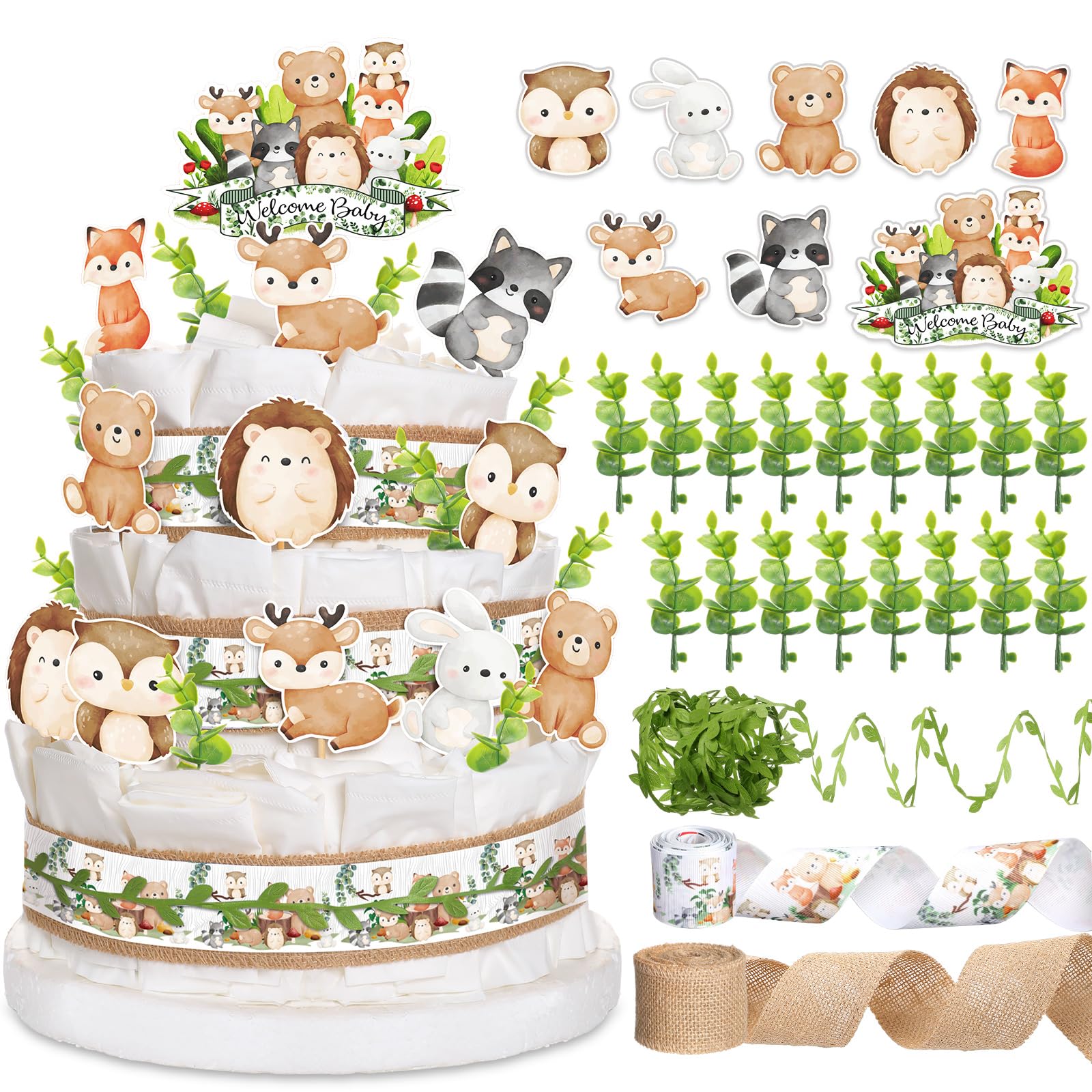 Photo 1 of MotiMind Woodland Baby Shower Decorations DIY Diaper Cake Kit with Neutral Forest Animal Burlap Sage Green Leaf Ribbon Leaves Welcome Baby Gender Reveal Party Decor Mommy Gift(Card)