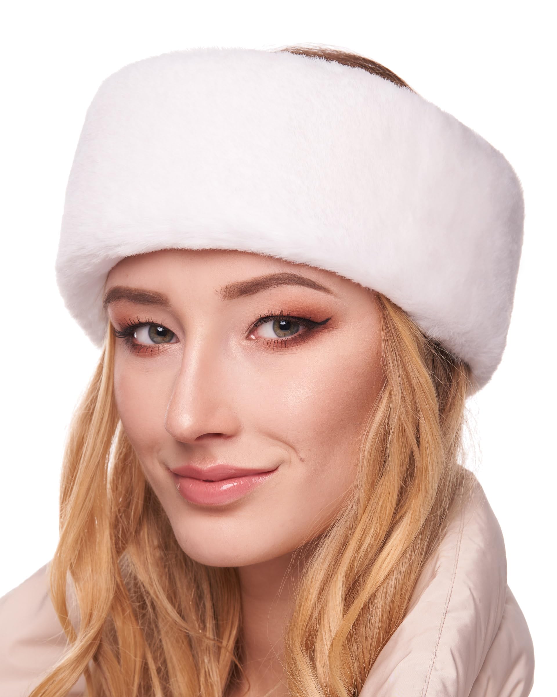 Futrzane Modern Headband - Ladies Winter Fur Headbands - Soft Russian Ear Warmer - Size S (White Modern)