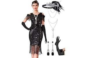MTITE Great Gatsby Dresses 1920s for Women, Vintage Long Fringe Dress Roaring 20s Sequins Beaded Dress with Accessories Set